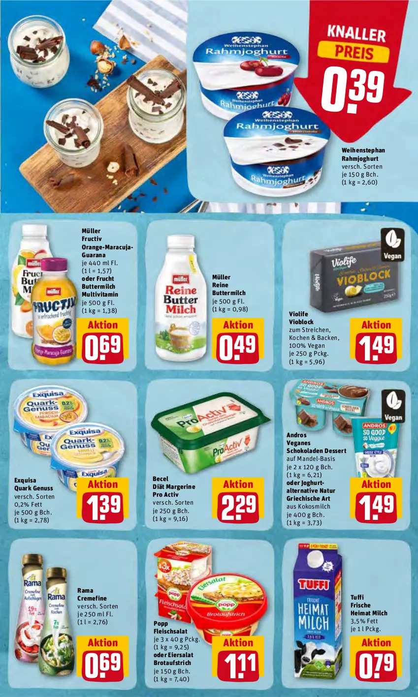 Aktueller Prospekt Rewe - Prospekte - von 13.06 bis 19.06.2022 - strona 9 - produkty: aufstrich, becel, brot, brotaufstrich, butter, buttermilch, creme, dessert, eier, eiersalat, eis, exquisa, fleisch, fleischsalat, frucht, Jaguar, joghur, joghurt, kokos, kokosmilch, mandel, maracuja, milch, Müller, natur, nuss, orange, Popp, quark, quark genus, quark genuss, rahmjoghurt, rama, rama cremefine, Rana, reine buttermilch, salat, schoko, schokolade, schokoladen, Ti, vita, weihenstephan