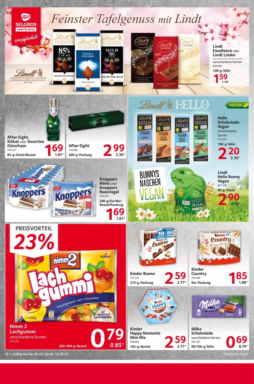 Aktueller Prospekt Selgros - Food - von 09.03 bis 15.03.2023 - strona 12 - produkty: after eight, beutel, cola, eis, elle, Kinder, kinder bueno, kitkat, knoppers, LG, lindor, lindt, milka, nuss, nussriegel, preisvorteil, reis, riegel, schoko, schokolade, smarties, storck, Ti