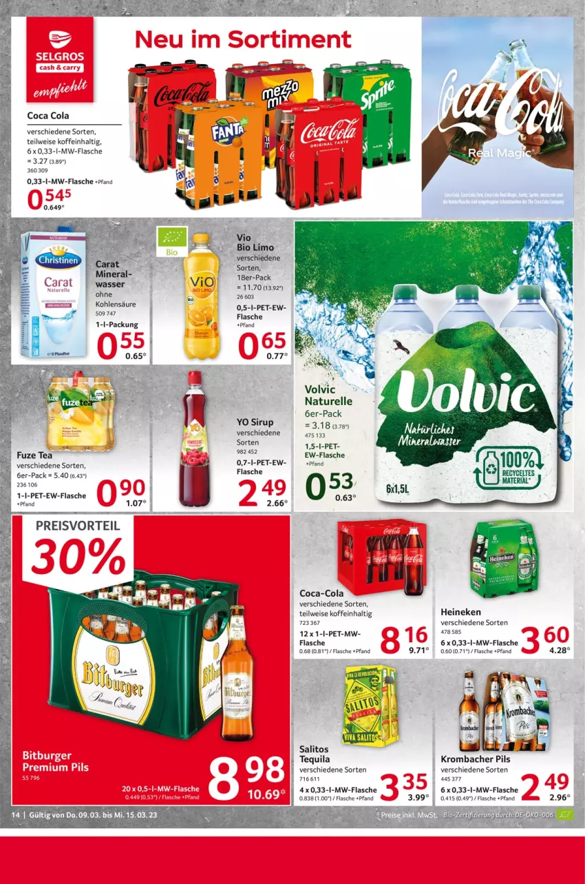 Aktueller Prospekt Selgros - Food - von 09.03 bis 15.03.2023 - strona 14 - produkty: bio, bio limo, coca-cola, cola, eis, elle, flasche, fuze tea, heineken, krombache, krombacher, krombacher pils, limo, mw-flasche, natur, pils, preisvorteil, reis, rel, sirup, tequila, Ti, wasser, Yo