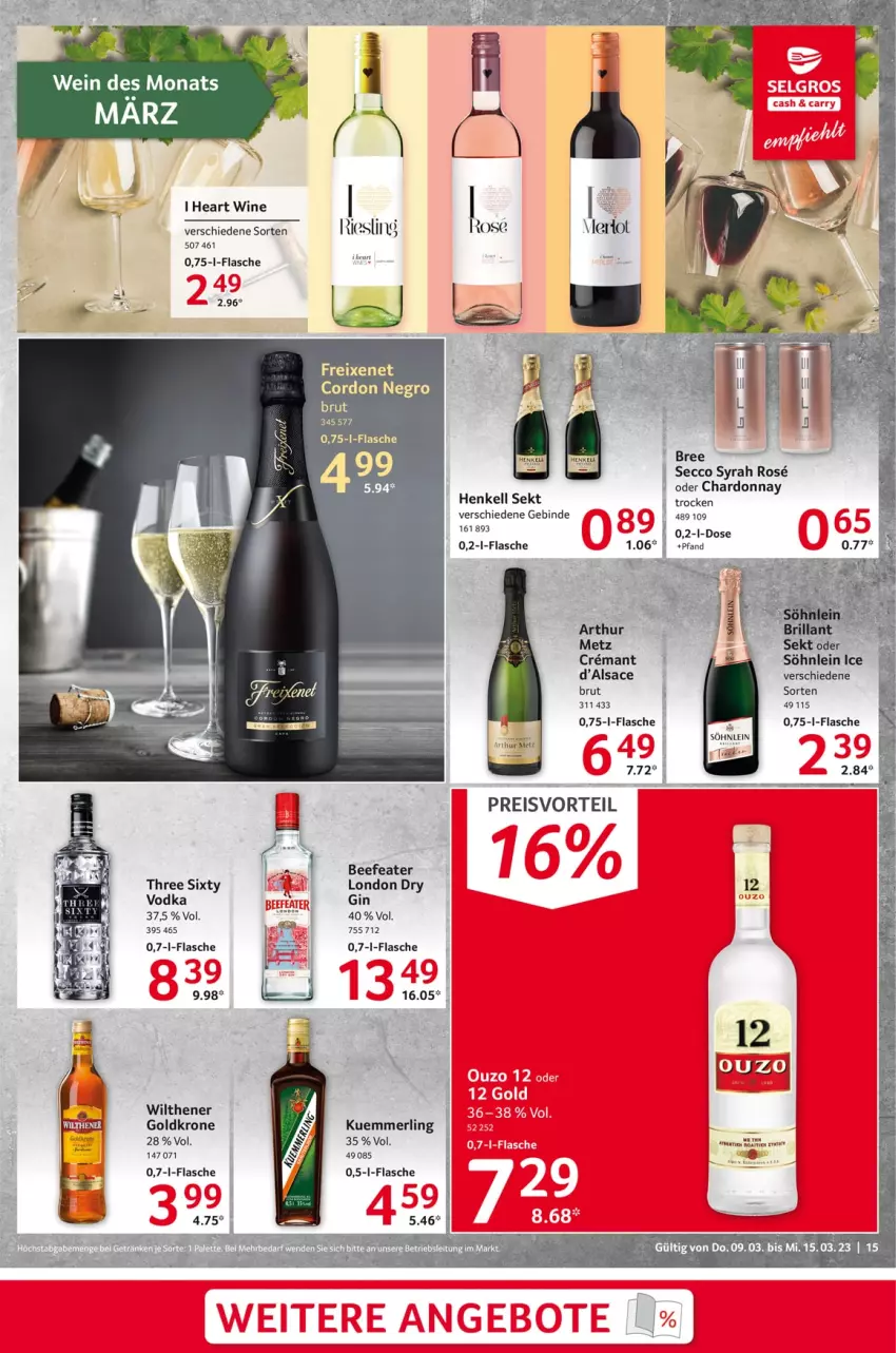 Aktueller Prospekt Selgros - Food - von 09.03 bis 15.03.2023 - strona 15 - produkty: beef, Beefeater, bree, brut, chardonnay, ecco, eis, flasche, gin, goldkrone, henkel, henkell, henkell sekt, krone, kuemmerling, london dry, merl, ouzo, preisvorteil, reis, sac, sekt, söhnlein, Three Sixty, Ti, vodka, wein, wilthener