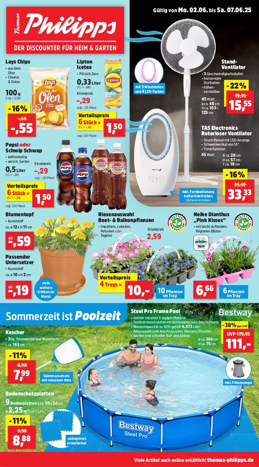Aktueller Prospekt Thomas Philipps - von 02.06 bis 07.06.2025 - strona 1 - produkty: Abba, balkonpflanzen, batterie, Bau, blume, blumen, Blüte, Bodenplatte, chips, eis, elle, fernbedienung, Kescher, latte, lays, LG, lipton, Lobelie, Ofen, pepsi, petunie, petunien, pfirsich, pflanze, pflanzen, pool, reis, Ria, rwe, schlauch, Schwip Schwap, standventilator, steel pro, tee, Teleskop, teleskopstiel, Ti, timer, topf, Untersetzer, ventilator, vorteilspreis, wasser, Wasserschlauch