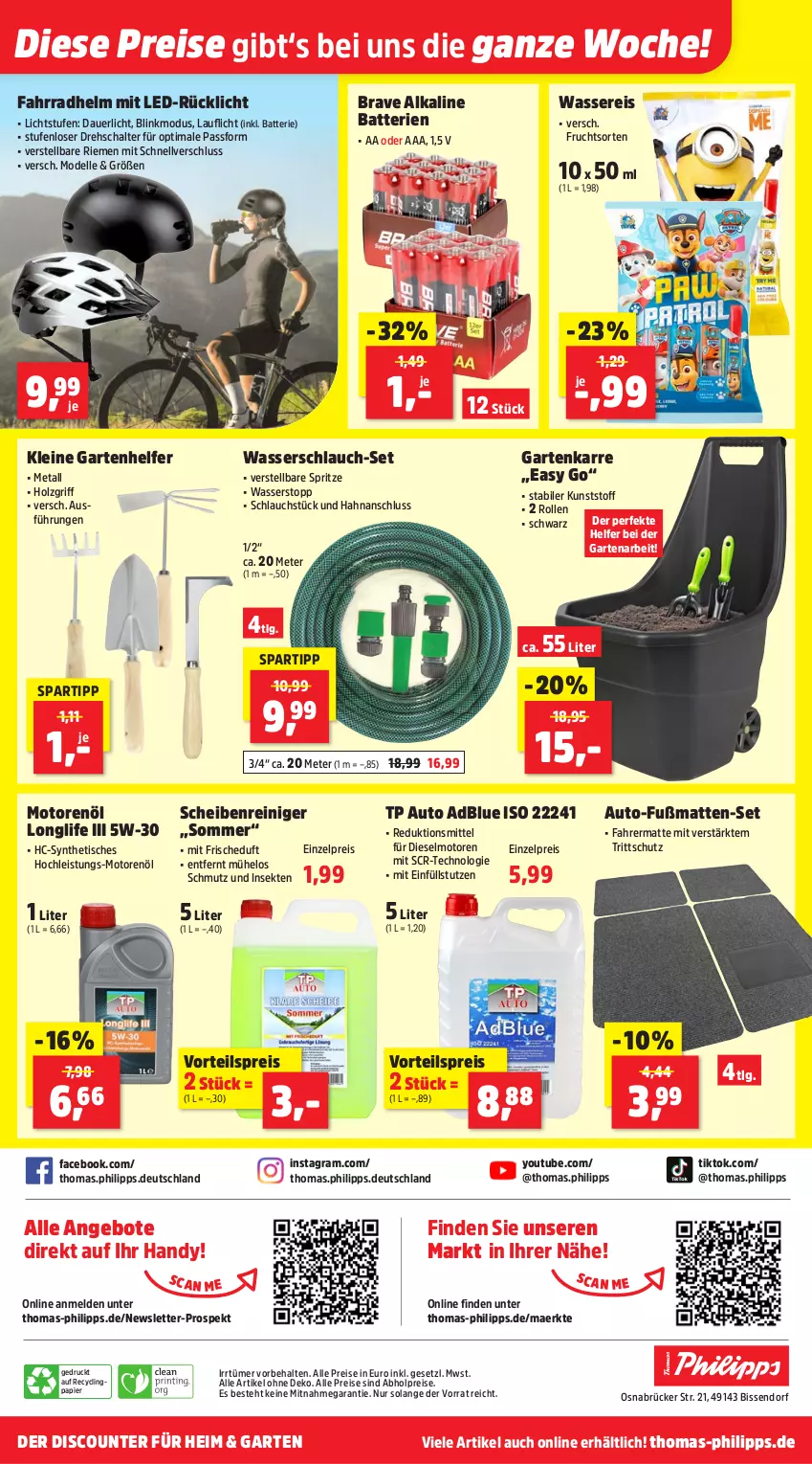 Aktueller Prospekt Thomas Philipps - von 02.06 bis 07.06.2025 - strona 16 - produkty: abholpreise, adblue, alle preise sind abholpreise, angebot, angebote, auer, auto, batterie, batterien, Clin, dell, Diesel, discount, eis, elle, Fahrrad, fahrradhelm, frucht, Fußmatte, Garten, Handy, Holz, leine, LG, longlife, Mode, motorenöl, papier, reiniger, reis, rücklicht, Schal, Scheibenreiniger, schlauch, sekt, spartipp, Ti, tisch, vorteilspreis, wasser, wassereis, Wasserschlauch, Yo