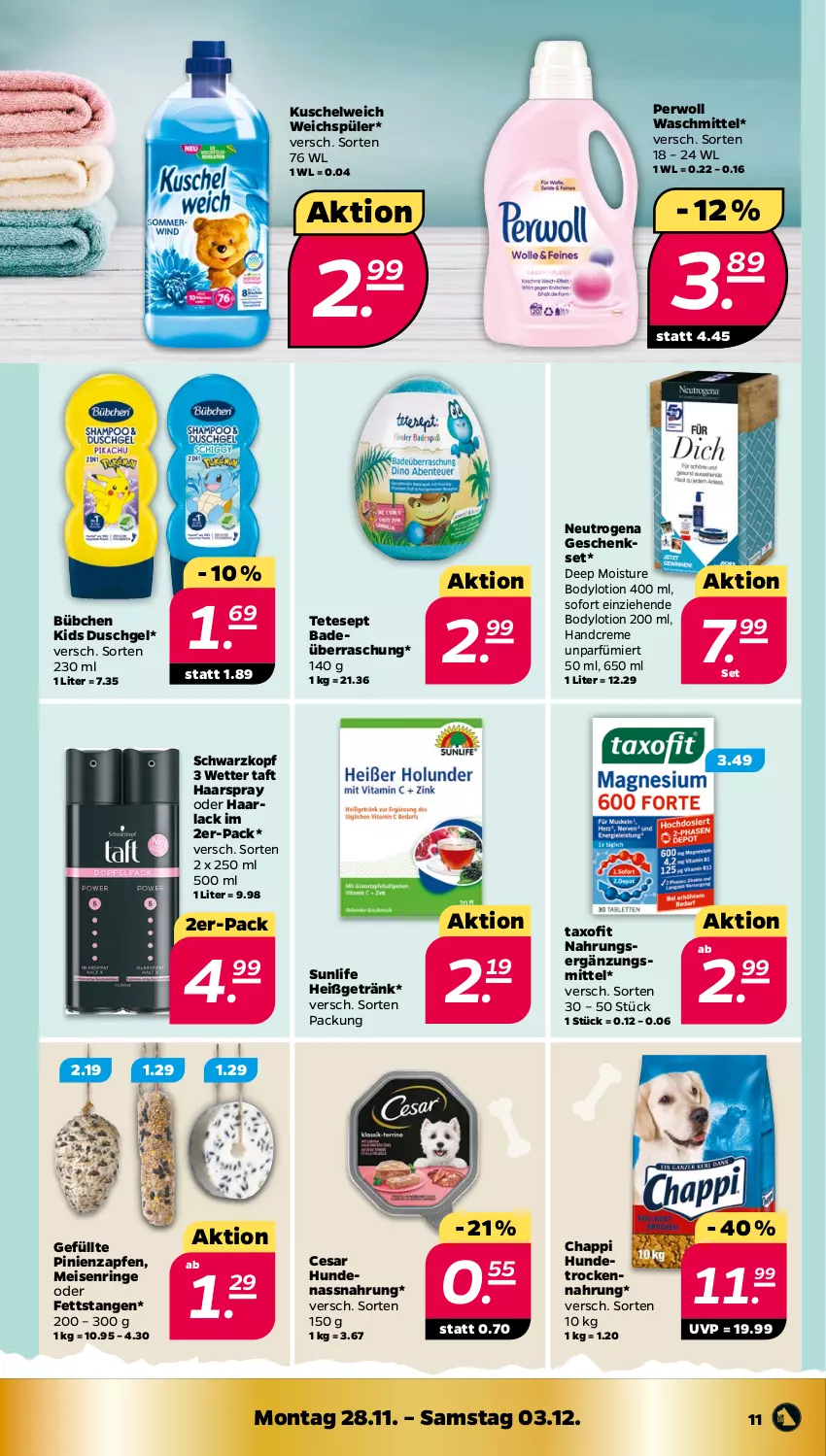 Aktueller Prospekt Netto - Woche 48 - von 28.11 bis 03.12.2022 - strona 11 - produkty: arla, Bad, body, bodylotion, bübchen, creme, duschgel, eis, geschenkset, getränk, Haarlack, haarspray, handcreme, Hundetrockennahrung, Kuschelweich, lack, Lotion, Nassnahrung, neutrogena, perwoll, ring, schwarzkop, schwarzkopf, Taft, Taxofit, Ti, Trockennahrung, waschmittel, weichspüler