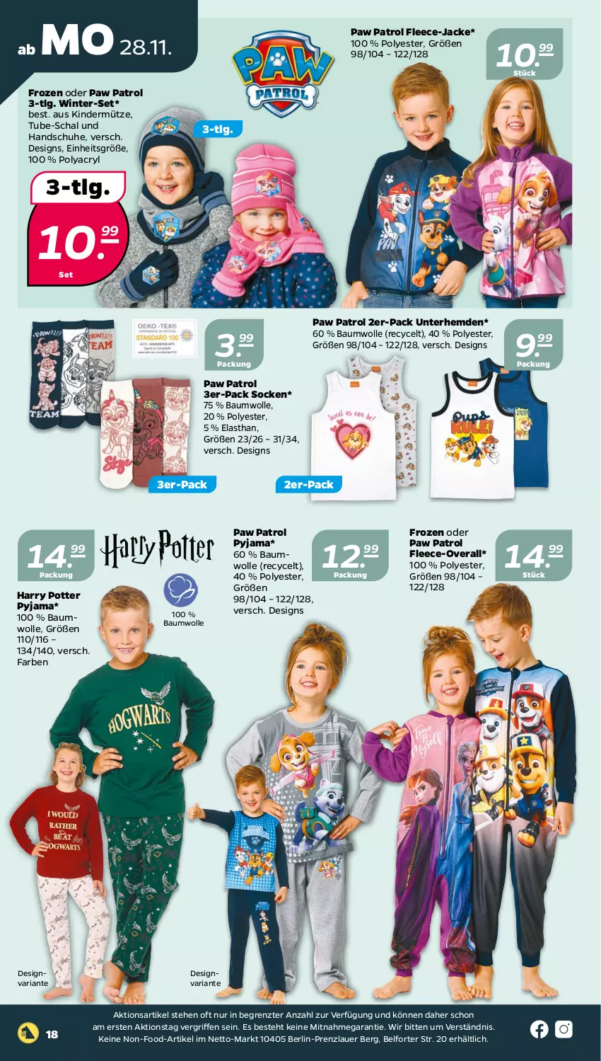 Aktueller Prospekt Netto - Woche 48 - von 28.11 bis 03.12.2022 - strona 18 - produkty: auer, Bau, baumwolle, handschuhe, hemd, hemden, Jacke, Kinder, LG, Mütze, Overall, Paw Patrol, Pyjama, Ria, Schal, schuhe, socken, Ti, Unterhemd, unterhemden, wolle, ZTE