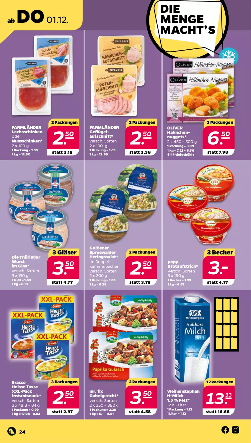 Aktueller Prospekt Netto - Woche 48 - von 28.11 bis 03.12.2022 - strona 24 - produkty: aufschnitt, aufstrich, Becher, brot, brotaufstrich, eis, erasco, gabel, Geflügel, Gläser, hering, Herings, lachs, lachsschinken, LG, milch, nuggets, nuss, Popp, ring, salat, schinken, snack, spreewälder, tasse, Ti, weihenstephan, wurst