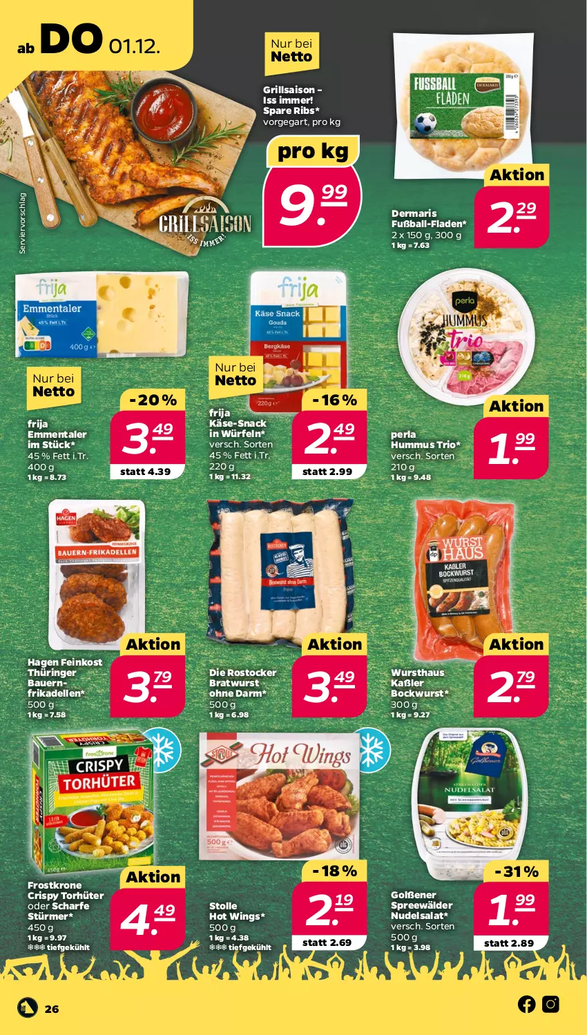 Aktueller Prospekt Netto - Woche 48 - von 28.11 bis 03.12.2022 - strona 26 - produkty: auer, ball, Bau, Bauer, bockwurst, bratwurst, dell, elle, emmentaler, feinkost, frikadellen, Fußball, grill, hummus, Käse, krone, nudel, nudelsalat, perla, ring, Rostocker, salat, snack, spare ribs, spreewälder, Ti, würfel, wurst