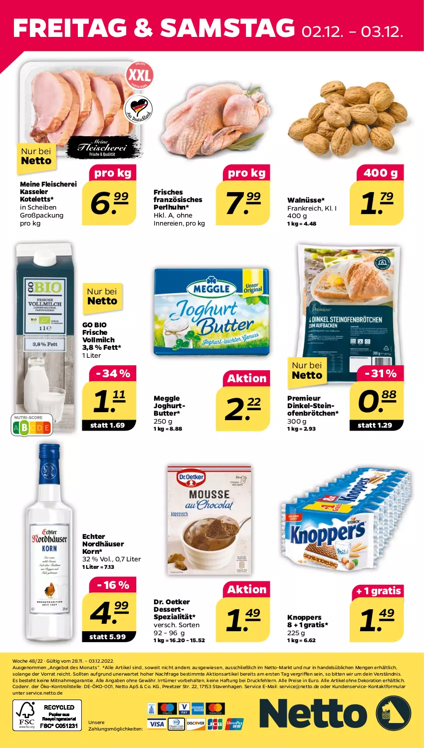 Aktueller Prospekt Netto - Woche 48 - von 28.11 bis 03.12.2022 - strona 28 - produkty: alle artikel ohne dekoration, angebot, bio, brötchen, butter, dekoration, dessert, desserts, Dr. Oetker, eis, elle, fleisch, Fleischerei, joghur, joghurt, kasseler, knoppers, korn, kotelett, meggle, milch, Ofen, reis, Schere, Spezi, steinofen, Ti, vollmilch