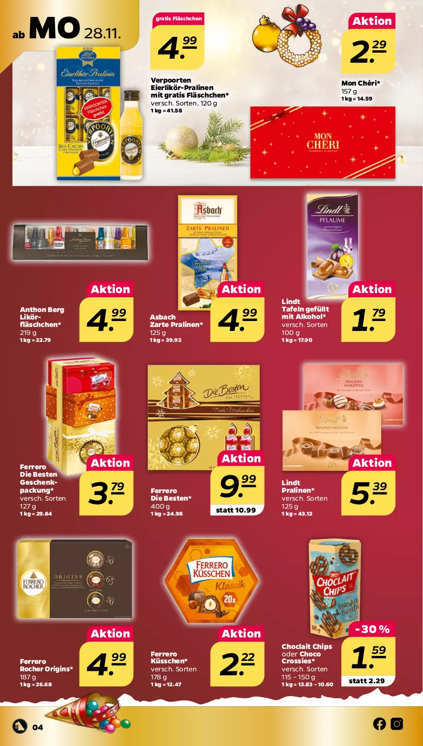 Aktueller Prospekt Netto - Woche 48 - von 28.11 bis 03.12.2022 - strona 4 - produkty: alkohol, chips, choclait chips, choco crossies, crossies, eier, eierlikör, ferrero, Ferrero Küsschen, Ferrero Rocher, geschenkpackung, gin, likör, lindt, Mon Chéri, pralinen, Ti, verpoorten