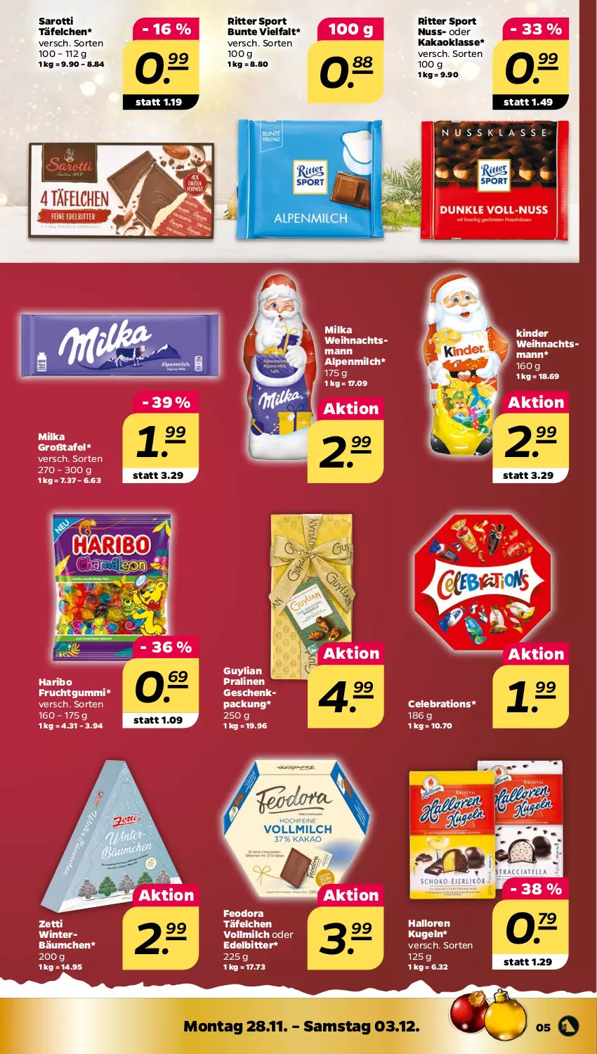 Aktueller Prospekt Netto - Woche 48 - von 28.11 bis 03.12.2022 - strona 5 - produkty: alpenmilch, frucht, fruchtgummi, geschenkpackung, haribo, kakao, Kinder, Kugel, milch, milka, nuss, pralinen, ritter, ritter sport, saro, sarotti, Sport, Ti, vollmilch