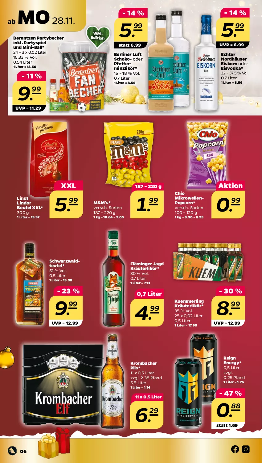 Aktueller Prospekt Netto - Woche 48 - von 28.11 bis 03.12.2022 - strona 6 - produkty: ball, Becher, berentzen, berliner, berliner luft, beutel, eis, elle, korn, kräuter, kräuterlikör, krombache, krombacher, krombacher pils, kuemmerling, likör, lindor, lindt, merl, mikrowelle, pfeffer, pfefferminzlikör, pils, popcorn, schoko, Ti, vodka