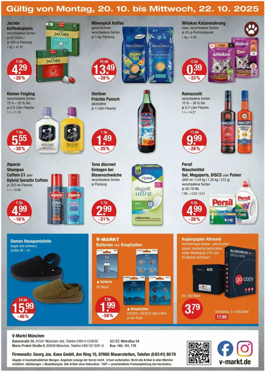 Aktueller Prospekt Vmarkt - Prospekte - von 16.10 bis 22.10.2025 - strona 24 - produkty: alkohol, alle artikel ohne dekoration, alpecin, angebot, angebote, auer, beutel, bohne, bohnen, cin, coffein, dekoration, dell, Discreet, eis, elle, flasche, früchte, Früchte Punsch, jacobs, je 1-liter-flasche, kaes, kaffee, katzennahrung, kleiner feigling, leine, megaperls, Metro, Mode, mövenpick, mövenpick kaffee, obst, pantolette, persil, portionsbeutel, rama, ramazzott, ramazzotti, reis, Ria, ring, shampoo, telefon, teller, Ti, waschmittel, whiskas, zott