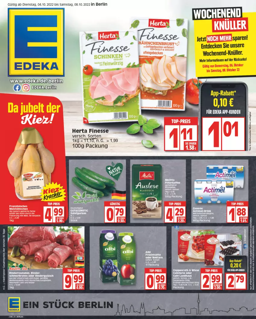 Aktueller Prospekt Edeka - Angebote der Woche - von 03.10 bis 08.10.2022 - strona 1 - produkty: angebot, braten, coppenrath, decke, deka, eis, ente, finesse, geback, gulasch, herta, herta finesse, kuchen, Kugel, oder rindergulasch, reis, rel, rind, rinder, rindergulasch, Rinderroulade, rinderrouladen, rouladen, Schal, Schale, schmorbraten, Ti, top-preis, ZTE