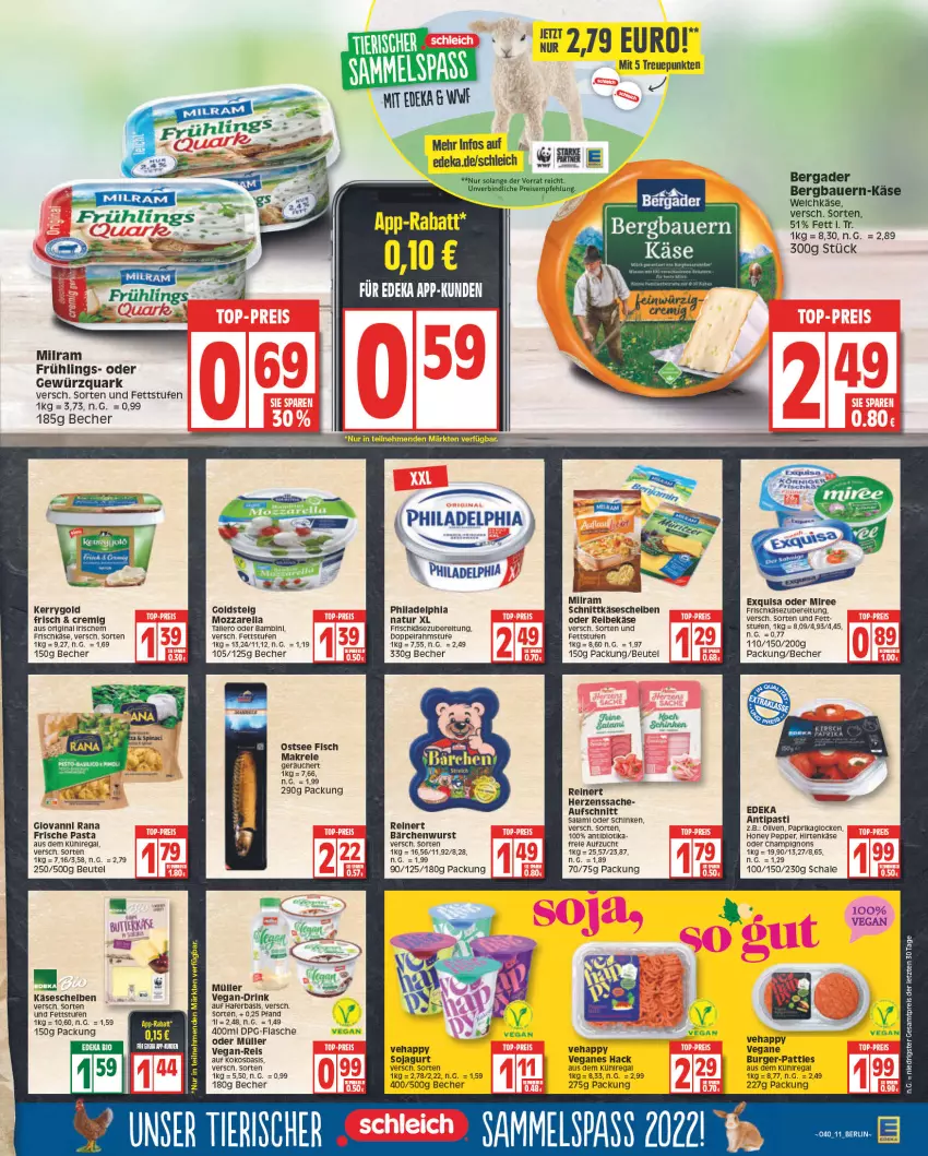 Aktueller Prospekt Edeka - Angebote der Woche - von 03.10 bis 08.10.2022 - strona 11 - produkty: antipasti, asti, auer, aufschnitt, aus dem kühlregal, Bau, Bauer, Becher, bergader, beutel, burger, champignon, champignons, deka, doppelrahmstufe, drink, eis, exquisa, fisch, flasche, Frische Pasta, frischkäse, frischkäsezubereitung, gewürz, gewürzquark, gin, giovanni rana, goldsteig, hafer, hirtenkäse, Käse, kerrygold, kokos, kühlregal, Makrele, milram, miree, mozzarella, Müller, natur, paprika, pasta, philadelphia, quark, Rana, regal, Reibekäse, reinert, reis, rel, sac, Schal, Schale, schinken, Schleich, schnittkäse, soja, Ti, weichkäse, wurst, ZTE