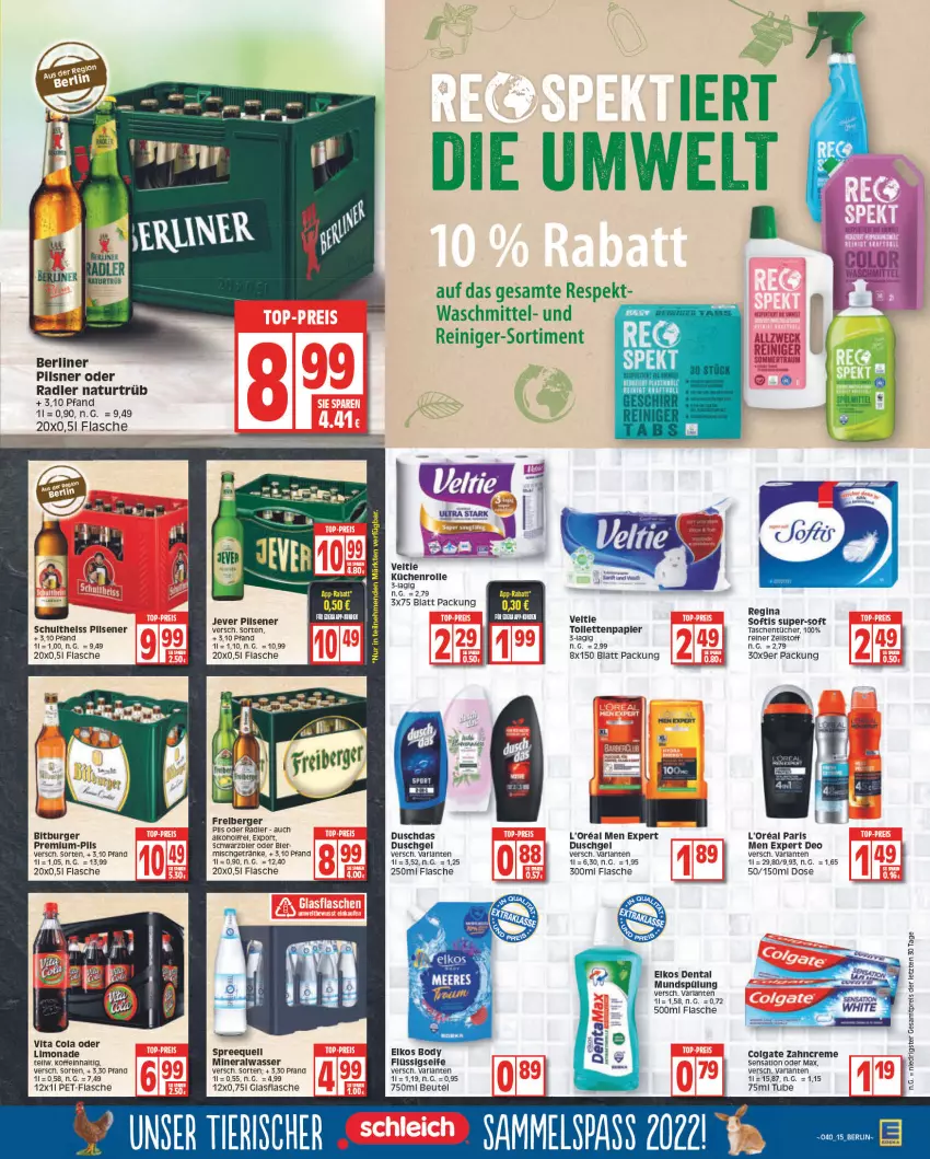 Aktueller Prospekt Edeka - Angebote der Woche - von 03.10 bis 08.10.2022 - strona 15 - produkty: alkohol, Alwa, arla, Berger, berliner, beutel, bitburger, body, burger, cola, colgate, creme, deo, duschdas, duschgel, eis, elkos, flasche, flüssigseife, Freiberger, getränk, getränke, gin, glasflasche, jever, jever pilsener, küche, Küchen, küchenrolle, l'oreal, LG, limo, limonade, mineralwasser, mundspülung, natur, oder radler, papier, pet-flasche, pils, pilsener, pilsner, radler, reiniger, reis, rel, Schultheiss, Seife, Spreequell, spülung, Tasche, taschen, taschentücher, Ti, tücher, vita, Vita C, waschmittel, wasser, zahncreme, ZTE