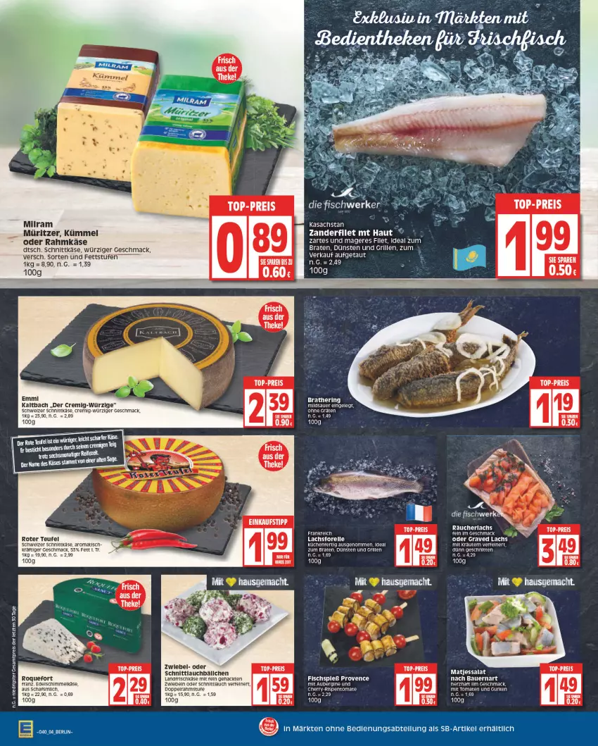 Aktueller Prospekt Edeka - Angebote der Woche - von 03.10 bis 08.10.2022 - strona 4 - produkty: aubergine, auer, Bau, Bauer, braten, dip, einkaufstipp, eis, elle, emmi, filet, fisch, forelle, frischkäse, gin, Graved Lachs, grill, gurke, gurken, hering, ideal zum braten, Käse, küche, Küchen, lachs, mac, matjes, milram, Räucherlachs, reis, rel, ring, sac, salat, schnitten, schnittkäse, schnittlauch, schweizer schnittkäse, Ti, tomate, tomaten, top-preis, Zander, ZTE, zwiebel, zwiebeln