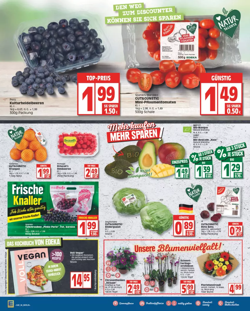 Aktueller Prospekt Edeka - Angebote der Woche - von 03.10 bis 08.10.2022 - strona 6 - produkty: avocado, beere, beeren, beutel, bio, Blüte, chrysanthemen, eis, eisbergsalat, heidelbeere, heidelbeeren, himbeer, himbeere, himbeeren, mac, mango, mangos, natur, natura, orchidee, orchideen, pflaume, pflaumen, reis, rezept, rezepte, rote bete, salat, Schal, Schale, tafeltrauben, Ti, tomate, tomaten, topf, trauben, ZTE