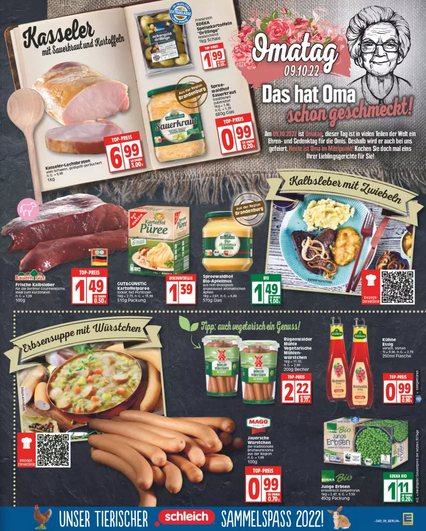 Aktueller Prospekt Edeka - Angebote der Woche - von 03.10 bis 08.10.2022 - strona 9 - produkty: apfel, apfelmus, auer, Bau, Becher, berliner, bio, braten, Brühwurst, eis, erbsen, essig, flasche, junge erbsen, Kalbsleber, kartoffel, Kartoffelpüree, küche, Kühne, püree, reis, rezept, rügenwalder, spreewaldhof, tee, Ti, tisch, top-preis, Vegeta, wurst, würstchen, ZTE