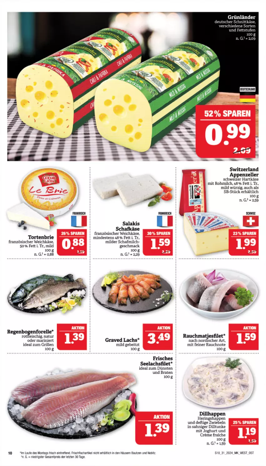 Aktueller Prospekt Marktkauf - Prospekt - von 28.07 bis 03.08.2024 - strona 10 - produkty: appenzeller, Bau, braten, brie, deutscher schnittkäse, eis, elle, filet, fisch, fleisch, forelle, französischer weichkäse, frischfisch, Graved Lachs, grill, grünländer, hartkäse, hering, Herings, Heringshappen, ideal zum grillen, joghur, joghurt, Käse, lachs, lachsfilet, mac, matjes, Matjesfilet, milch, natur, Rauch, reis, rel, ring, salakis, schafkäse, schnittkäse, schweizer hartkäse, seelachsfilet, Ti, torte, weichkäse, ZTE, zwiebel, zwiebeln