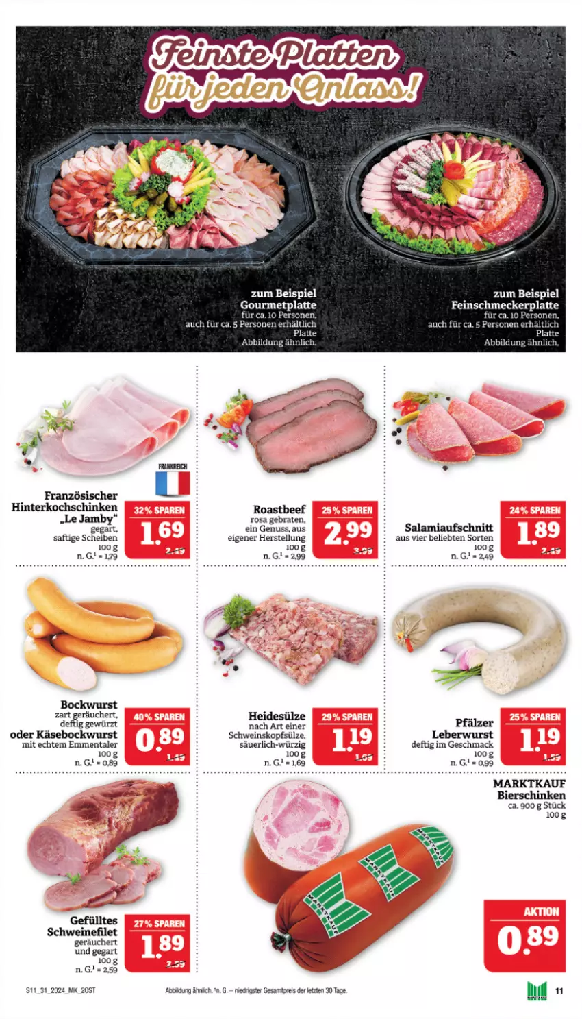 Aktueller Prospekt Marktkauf - Prospekt - von 28.07 bis 03.08.2024 - strona 11 - produkty: aufschnitt, beef, bier, bierschinken, bockwurst, braten, eis, emmentaler, feinschmecker, filet, gewürz, hinterkochschinken, Käse, kochschinken, latte, leberwurst, mac, nuss, reis, roastbeef, saft, salami, schinken, schwein, schweine, schweinefilet, Ti, wein, weine, wurst, ZTE