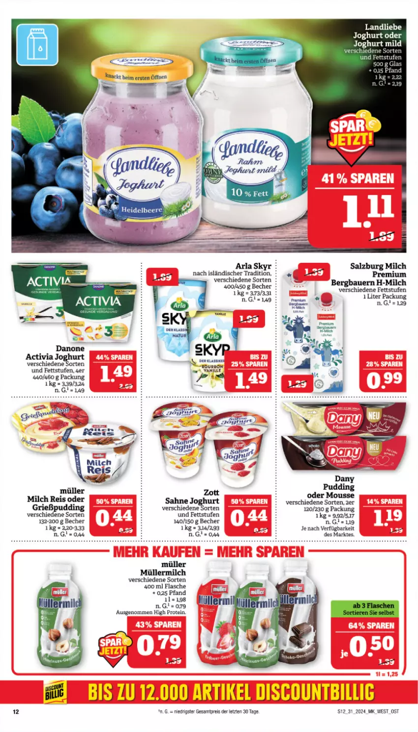 Aktueller Prospekt Marktkauf - Prospekt - von 28.07 bis 03.08.2024 - strona 12 - produkty: activia, activia joghurt, arla, arla skyr, auer, Bau, Bauer, Becher, danone, danone activia, eis, flasche, Grießpudding, joghur, joghurt, landliebe, landliebe joghurt, milch, mousse, Müller, müllermilch, pudding, reis, sahne, sahne joghurt, salz, Skyr, Ti, vanille, zott, ZTE