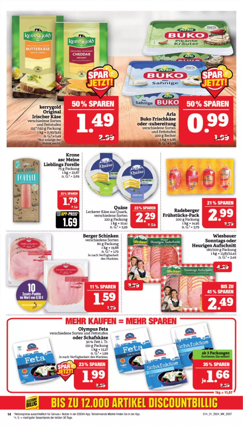 Aktueller Prospekt Marktkauf - Prospekt - von 28.07 bis 03.08.2024 - strona 14 - produkty: aktionspreis, auer, aufschnitt, Bau, Bauer, Becher, Berger, deka, eis, feta, Heu, Käse, nuss, quark, quäse, radeberger, reis, schafskäse, schinken, tee, Ti, wiesbauer, ZTE