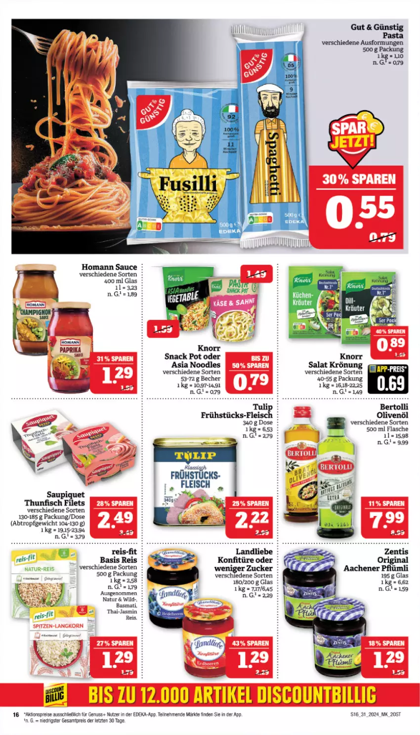 Aktueller Prospekt Marktkauf - Prospekt - von 28.07 bis 03.08.2024 - strona 16 - produkty: aktionspreis, basmati, Becher, deka, discount, eis, filet, filets, fisch, flasche, gin, homann, knorr, natur, natur-reis, nuss, olive, oliven, olivenöl, pasta, reis, reis-fit, sauce, saupiquet, snack, thunfisch, thunfisch filets, Ti, Wild, zentis, ZTE, zucker