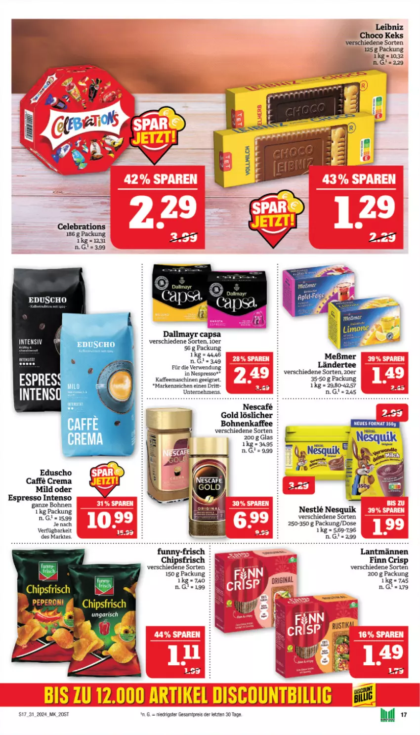 Aktueller Prospekt Marktkauf - Prospekt - von 28.07 bis 03.08.2024 - strona 17 - produkty: bohne, bohnen, bohnenkaffee, caffe, Cap, chips, chipsfrisch, eduscho, eis, espresso, funny-frisch, intenso, kaffee, kaffeemaschine, keks, leibniz, nesquik, oder espresso, peperoni, Peroni, reis, tee, Ti, ZTE