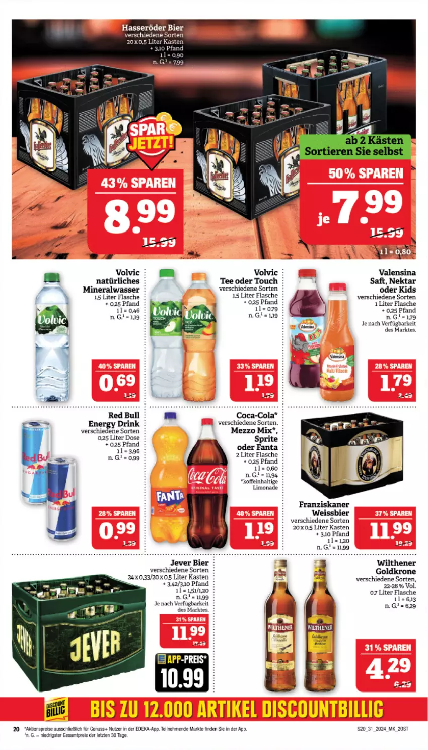 Aktueller Prospekt Marktkauf - Prospekt - von 28.07 bis 03.08.2024 - strona 20 - produkty: aktionspreis, Alwa, bier, coca-cola, cola, deka, drink, eis, fanta, flasche, franziskaner, goldkrone, jever, krone, limo, limonade, Mezzo Mix, mineralwasser, Nektar, nuss, reis, saft, sprite, tee, Ti, valensina, volvic, wasser, weissbier, ZTE