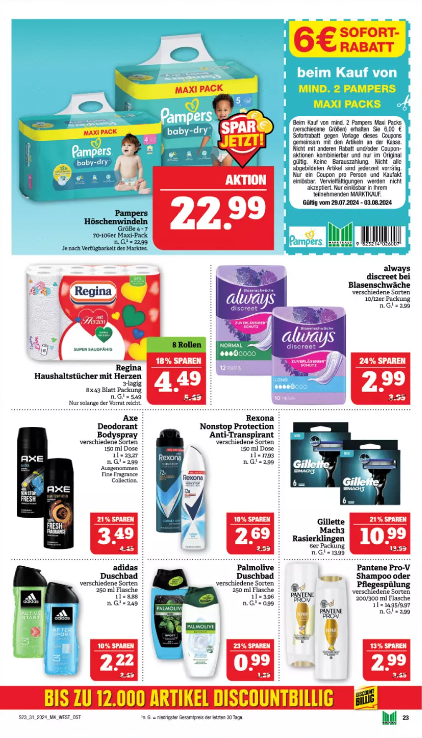 Aktueller Prospekt Marktkauf - Prospekt - von 28.07 bis 03.08.2024 - strona 23 - produkty: Adidas, Alwa, Always, axe, Bad, body, bodyspray, coupon, coupons, deo, deodorant, Discreet, duschbad, eis, erde, flasche, gillette, gin, haushaltstücher, mac, mach3, olive, palmolive, pampers, pantene, pantene pro-v, Pflegespülung, pro-v, Rasierklinge, rasierklingen, reis, rexona, shampoo, sofortrabatt, spülung, Ti, tücher, windeln, ZTE