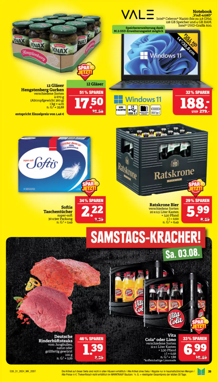 Aktueller Prospekt Marktkauf - Prospekt - von 28.07 bis 03.08.2024 - strona 39 - produkty: celeron, cola, hüftsteak, hüftsteaks, Intel, kracher, limo, limonade, rind, rinder, steak, steaks, Ti