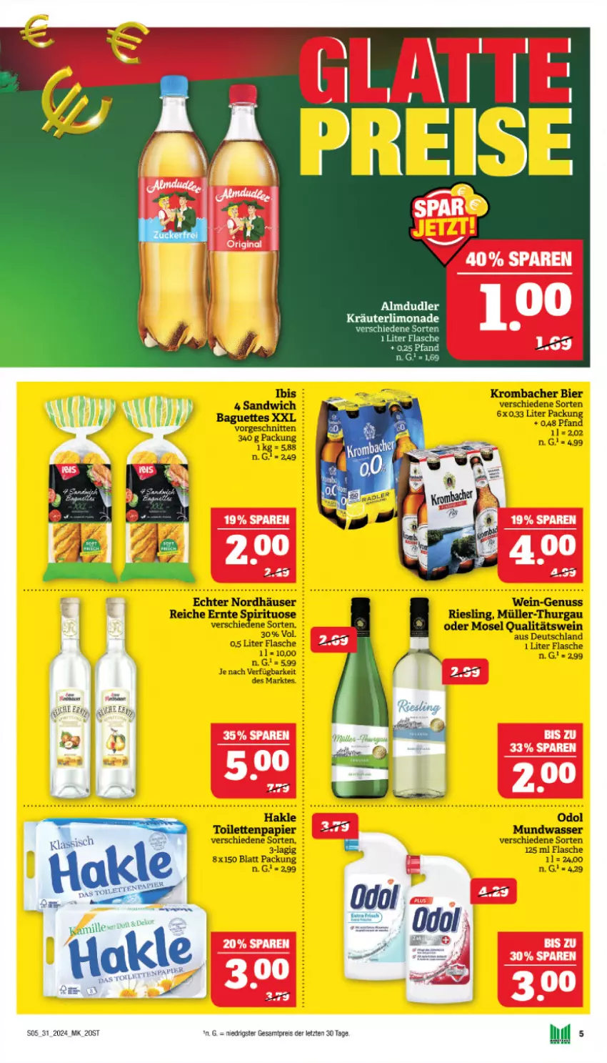 Aktueller Prospekt Marktkauf - Prospekt - von 28.07 bis 03.08.2024 - strona 5 - produkty: aeg, almdudler, baguette, baguettes, bier, eis, flasche, hakle, krombache, krombacher, Müller, Müller-Thurgau, mundwasser, nuss, Odol, papier, qualitätswein, reis, riesling, sandwich, schnitten, toilettenpapier, wasser, wein, ZTE, zucker