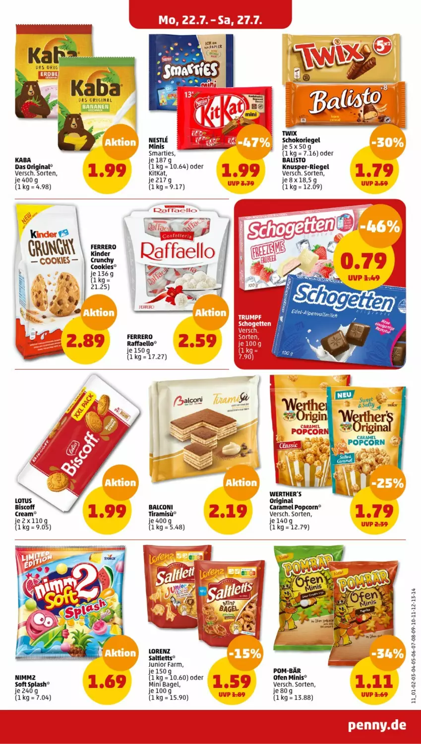 Aktueller Prospekt Penny - Prospekte - von 22.07 bis 27.07.2024 - strona 11 - produkty: Alcon, Bagel, balisto, biscoff, caramel, cookie, cookies, ferrero, gin, Kinder, kitkat, nero, nimm2, Ofen, pom-bär, popcorn, raffaello, riegel, saltletts, schoko, schokoriegel, smarties, Ti, twix, werther's