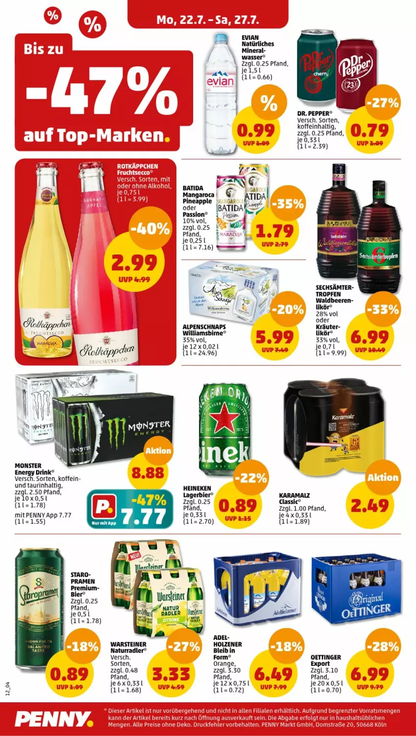 Aktueller Prospekt Penny - Prospekte - von 22.07 bis 27.07.2024 - strona 12 - produkty: batida, beere, beeren, bier, drink, energy drink, heineken, Holz, karamalz, kräuter, Lagerbier, likör, malz, monster, Monster Energy, natur, nuss, oder kräuter, oettinger, orange, radler, rama, steiner, Ti, warsteiner, wasser