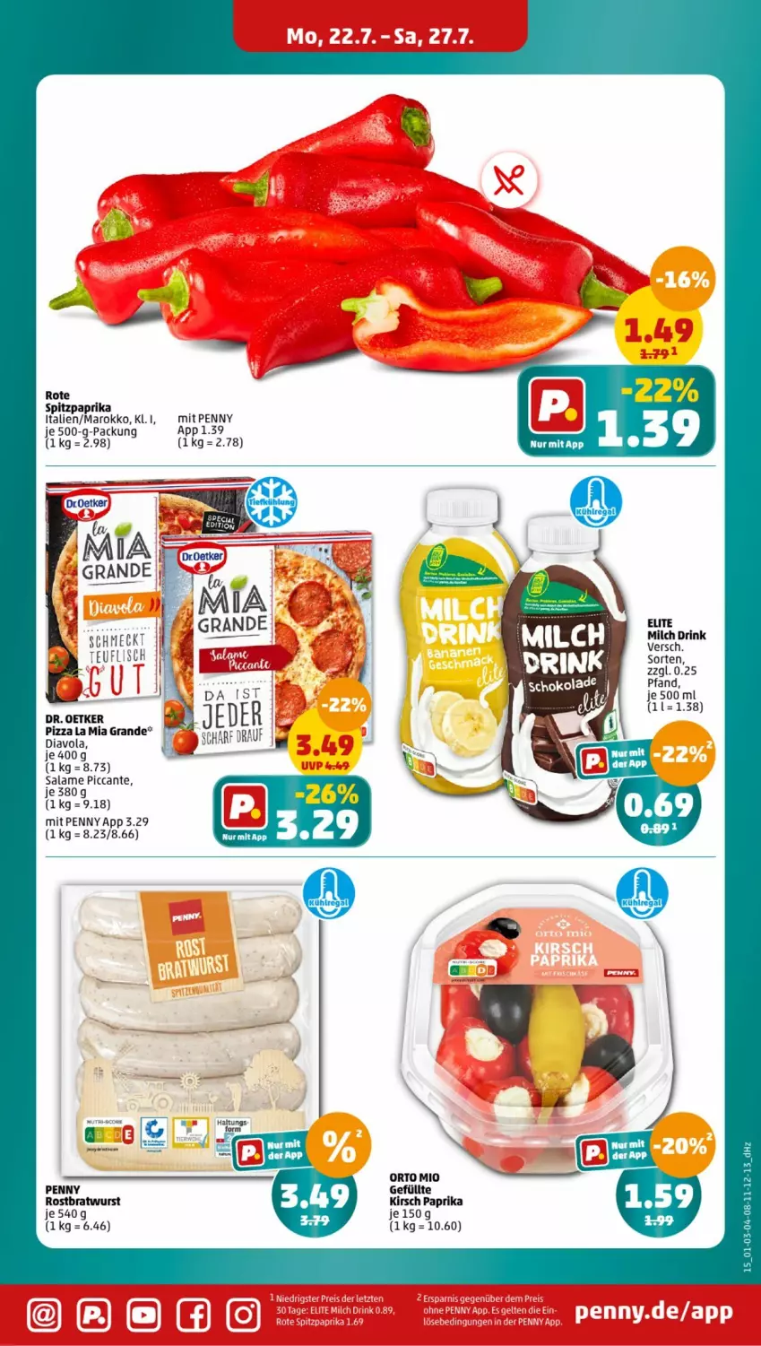 Aktueller Prospekt Penny - Prospekte - von 22.07 bis 27.07.2024 - strona 15 - produkty: bratwurst, Dr. Oetker, kirsch, milch, paprika, pizza, rostbratwurst, Spitzpaprika, wurst