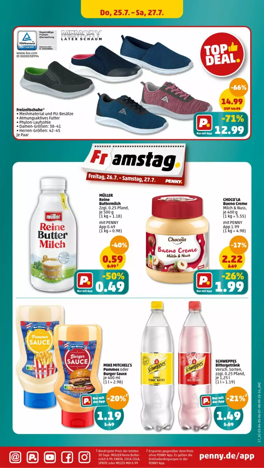 Aktueller Prospekt Penny - Prospekte - von 22.07 bis 27.07.2024 - strona 17 - produkty: burger, butter, buttermilch, creme, Freizeitschuhe, getränk, Hylo, milch, Müller, nuss, pommes, Ria, schuhe, schweppes, Ti, tonic, tonic water