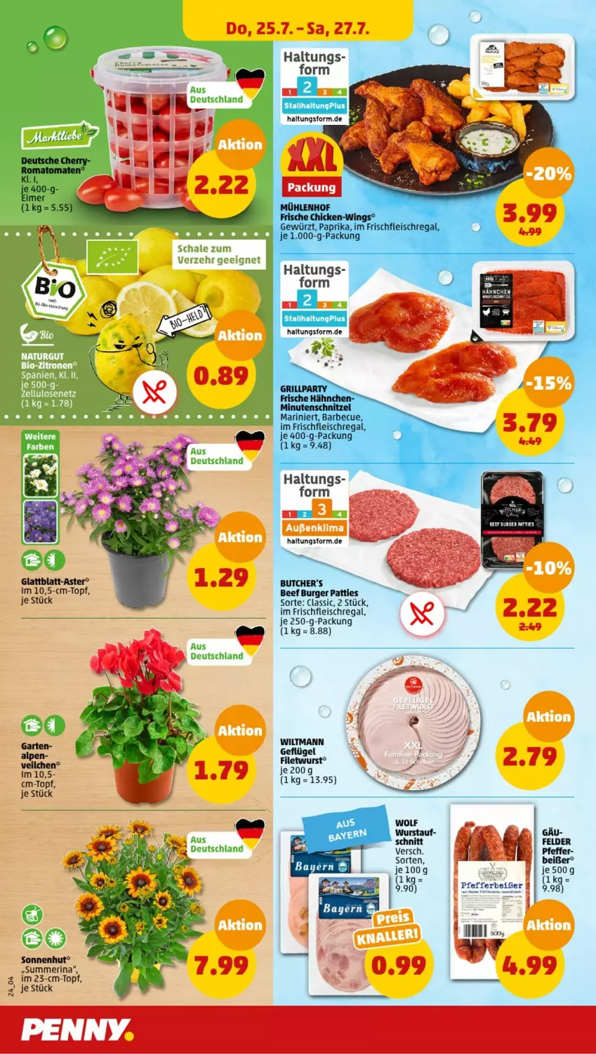 Aktueller Prospekt Penny - Prospekte - von 22.07 bis 27.07.2024 - strona 24 - produkty: barbecue, beef, burger, eis, filet, fleisch, Frische Hähnchen, Geflügel, gewürz, grill, je 250-g-packung, minutenschnitzel, paprika, regal, schnitzel, Ti, topf, wiltmann, wurst