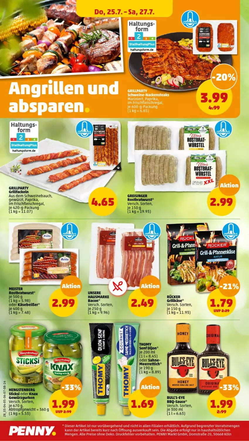 Aktueller Prospekt Penny - Prospekte - von 22.07 bis 27.07.2024 - strona 28 - produkty: bacon, Bau, bbq-sauce, bratwurst, eis, fleisch, gewürz, gin, grill, grillfackeln, Grillkäse, honig, Käse, paprika, regal, reis, rostbratwurst, sauce, wurst