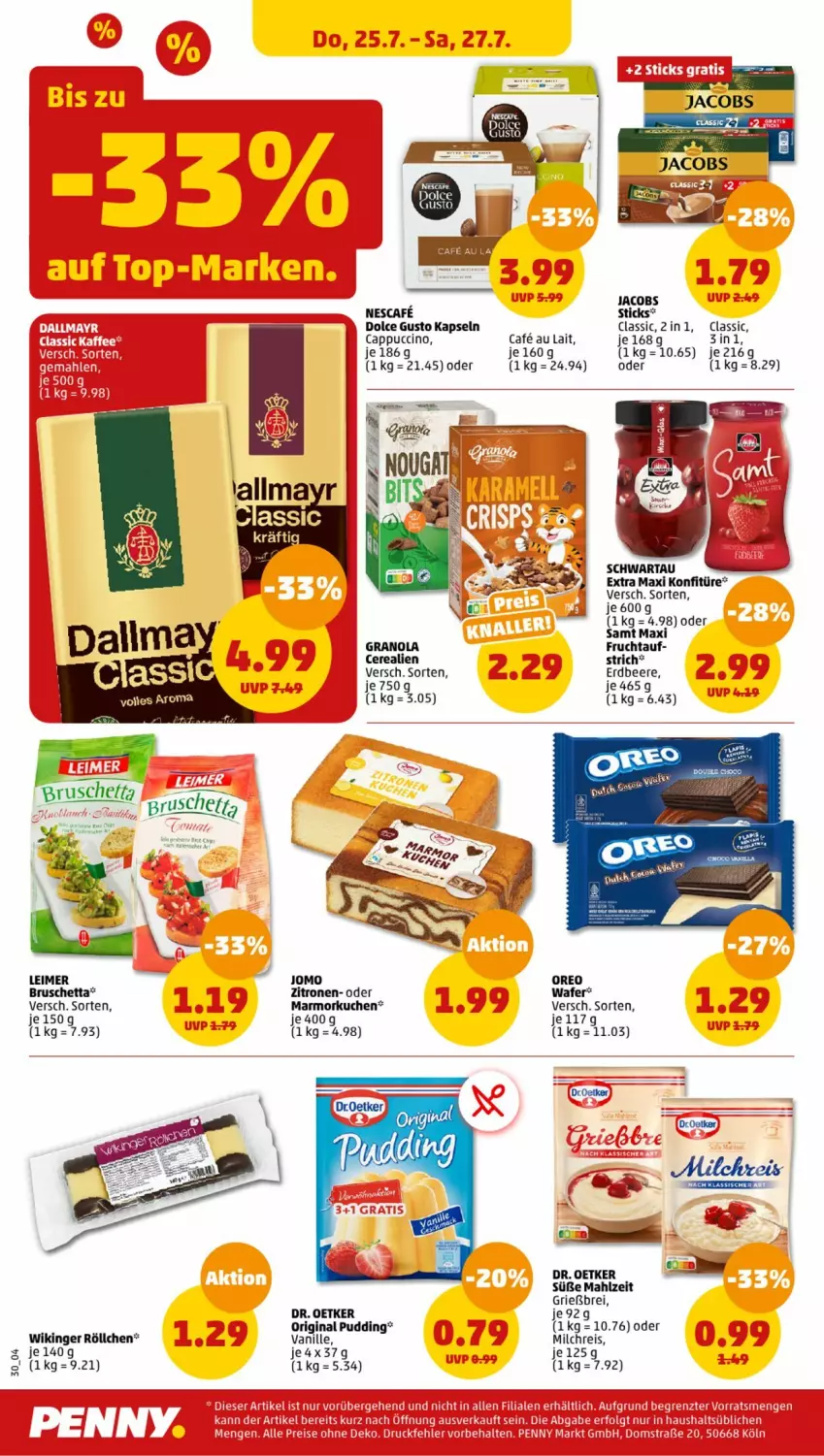 Aktueller Prospekt Penny - Prospekte - von 22.07 bis 27.07.2024 - strona 30 - produkty: beere, Brei, Cap, cappuccino, cerealien, cin, dolce gusto, Dr. Oetker, droetker, eimer, eis, erdbeere, frucht, gin, jacobs, konfitüre, kuchen, leimer, Marmorkuchen, milch, milchreis, nescafe, oreo, pudding, reis, Schwartau, Ti, vanille, zitrone, zitronen