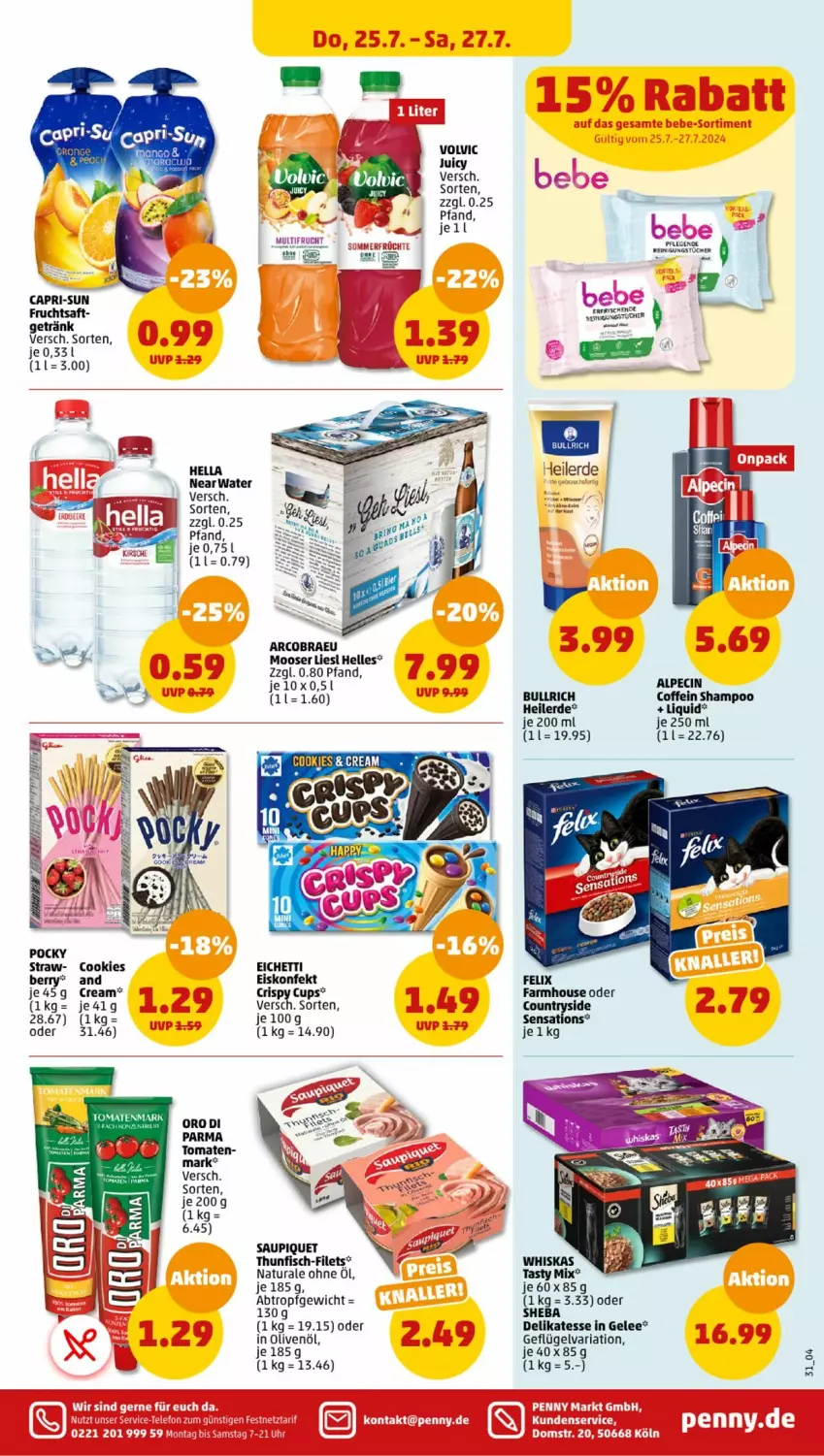 Aktueller Prospekt Penny - Prospekte - von 22.07 bis 27.07.2024 - strona 31 - produkty: alpecin, Cap, capri-sun, cin, coffein, cookie, cookies, eis, eiskonfekt, elle, erde, felix, filet, filets, fisch, frucht, fruchtsaft, Geflügel, gelee, getränk, hella, in olivenöl, LG, natur, natura, olive, oliven, olivenöl, Reinigung, reinigungstücher, Ria, saft, saupiquet, sensations, shampoo, sheba, tee, thunfisch, Ti, tomate, tomaten, tuc, Tucher, tücher, volvic, whiskas