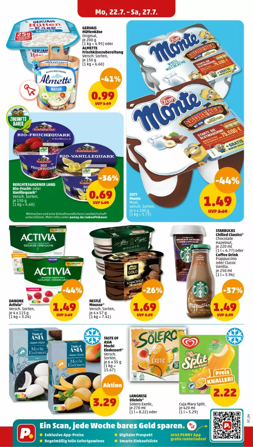 Aktueller Prospekt Penny - Prospekte - von 22.07 bis 27.07.2024 - strona 7 - produkty: activia, almette, auer, Bau, Bauer, bio, Cap, cin, cola, danone, dessert, drink, eis, frischkäse, frischkäsezubereitung, frucht, gervais, gin, Käse, langnese, mac, Mett, Mochi, mousse, quark, reis, sim, starbucks, stieleis, tee, Ti, vanille