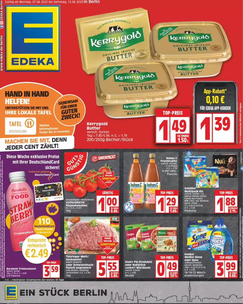 Aktueller Prospekt Edeka - Angebote der Woche - von 19.04 bis 24.04.2021 - strona 1 - produkty: angebot, angebotspreis, Becher, bolognese, braten, butter, deka, deutschlandcard, eier, eis, ente, erde, flasche, fleisch, gewürz, Hohes C, kerrygold, knorr, knorr fix, LG, mac, reis, Ria, rwe, spaghetti, Ti, top-preis, ZTE