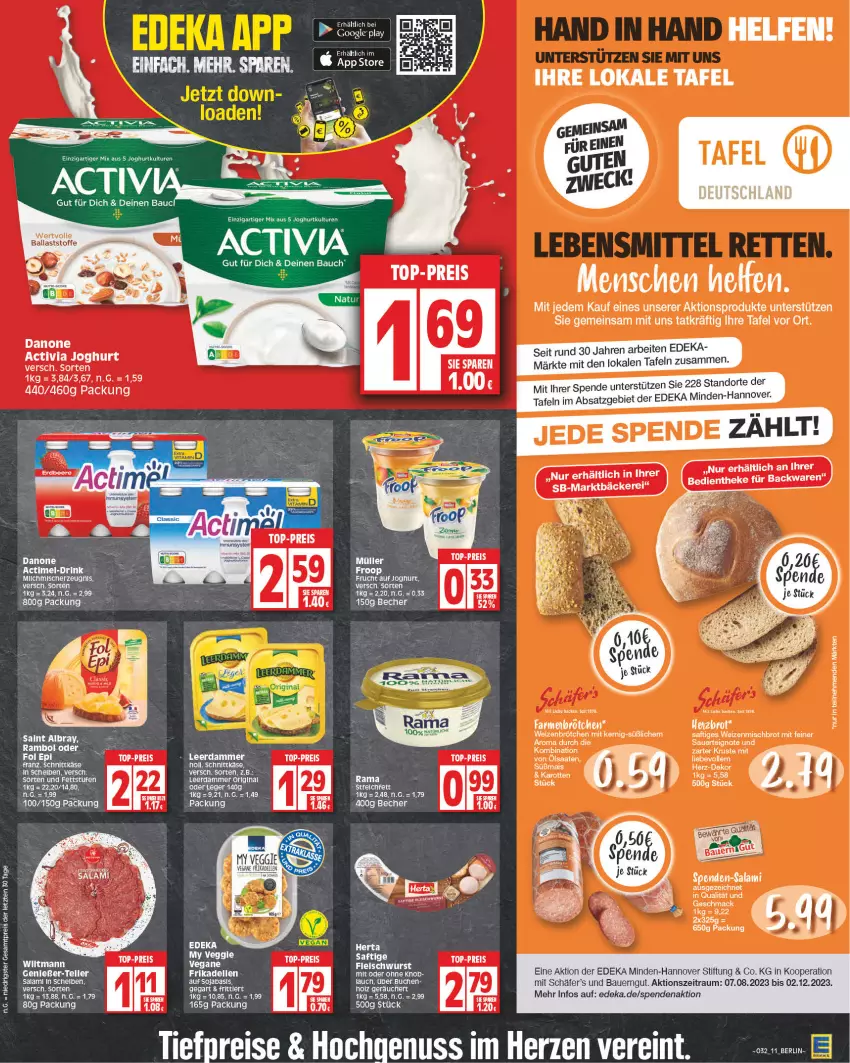 Aktueller Prospekt Edeka - Angebote der Woche - von 19.04 bis 24.04.2021 - strona 11 - produkty: auer, backwaren, ball, Bau, Bauer, bauerngut, Becher, brot, brötchen, buch, danone, deka, dell, eis, elle, fleisch, fleischwurst, fol epi, frikadellen, frucht, gin, joghur, joghurt, karotten, leerdammer, mac, nuss, rama, reis, saft, salami, soja, teller, Ti, tiefpreis, top-preis, weizenbrötchen, weizenmischbrot, wurst, ZTE