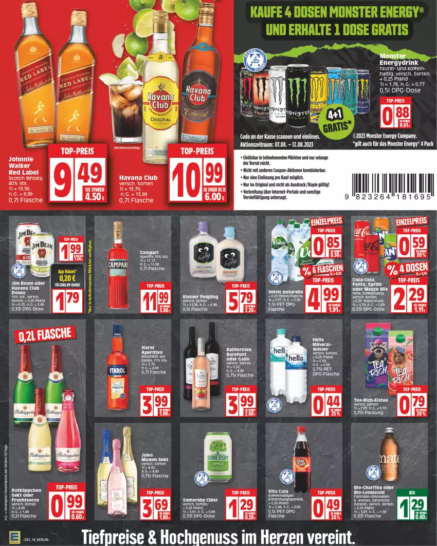 Aktueller Prospekt Edeka - Angebote der Woche - von 19.04 bis 24.04.2021 - strona 14 - produkty: auer, bio, Brei, brut, campari, cider, coca-cola, cola, coupon, drink, eis, eistee, erfrischungsgetränk, fanta, flasche, gallo, getränk, gin, Havana Club, hella, jim beam, kleiner feigling, leine, likör, limo, limonade, limonaden, Mezzo Mix, monster, Monster Energy, nuss, reis, scotch, scotch whisky, somersby, sprite, tee, Ti, tiefpreis, top-preis, vita, Vita C, wasser, whisky, ZTE