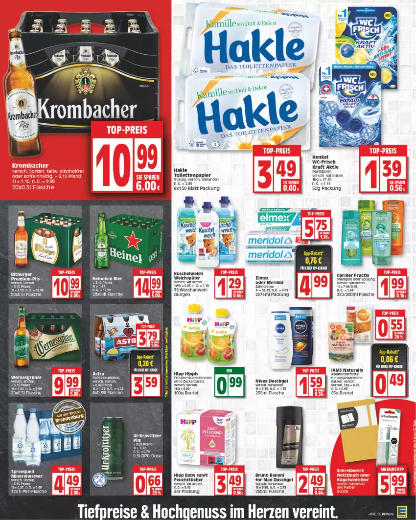 Aktueller Prospekt Edeka - Angebote der Woche - von 19.04 bis 24.04.2021 - strona 15 - produkty: alleinfuttermittel, Alwa, arla, beutel, bier, Brille, bruno banani, creme, duschgel, eis, feuchttücher, flasche, früchte, fructis, garnier, hakle, heineken, henkel, hipp, kraft, Kuschelweich, LG, meridol, mineralwasser, natur, natura, nivea, nuss, papier, pet-flasche, pils, quetschbeutel, reis, Ria, shampoo, shampoo oder spülung, Spreequell, spülung, Ti, tiefpreis, toilettenpapier, tücher, wasser, weichspüler, zahncreme, zucker