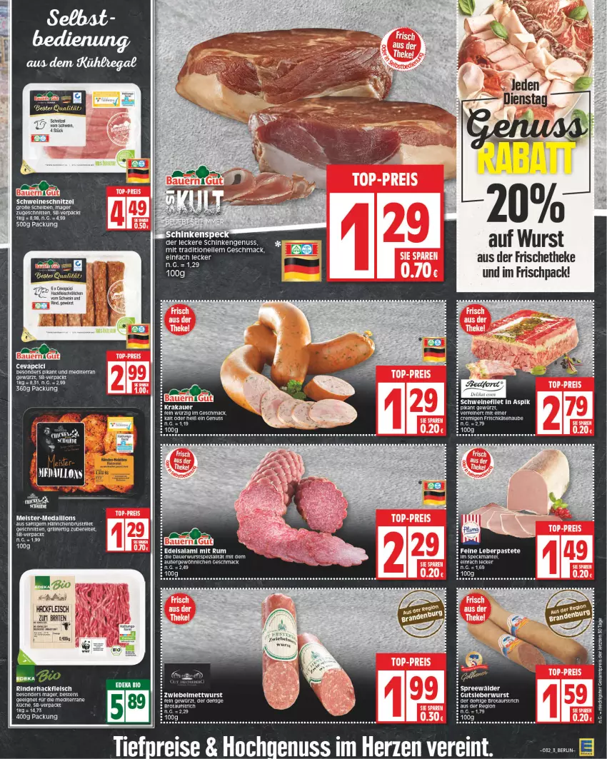 Aktueller Prospekt Edeka - Angebote der Woche - von 19.04 bis 24.04.2021 - strona 3 - produkty: auer, aufstrich, bio, braten, brot, brotaufstrich, cevapcici, deka, edeka bio, Edelsalami, eier, eis, elle, filet, fleisch, frischkäse, gewürz, grill, hackfleisch, hähnchenbrust, HP, Käse, krakauer, küche, LG, mac, medaillons, Meister, Mett, mettwurst, nuss, pastete, reis, rind, rinder, rinderhackfleisch, rum, saft, salami, schinken, schnitten, schnitzel, schwein, schweine, schweinefilet, schweineschnitzel, spreewälder, Ti, tiefpreis, wein, weine, wurst, ZTE, zwiebel, zwiebelmettwurst