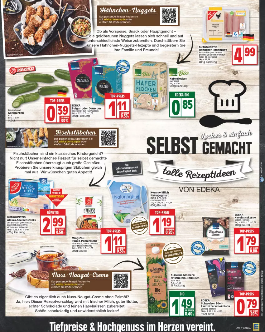 Aktueller Prospekt Edeka - Angebote der Woche - von 19.04 bis 24.04.2021 - strona 7 - produkty: Alaska-Seelachs, Alaska-Seelachsfilet, beutel, bier, Biere, bio, bulgur, butter, couscous, creme, deka, dip, eis, filet, filets, fisch, fischstäbchen, fleisch, früchte, Gläser, gurke, gurken, hafer, haferflocken, haselnuss, Heu, heumilch, joghur, joghurt, Kinder, lachs, lachsfilet, lachsfilets, LG, mac, meeresfrüchte, mehl, milch, natur, naturjoghurt, nuggets, nuss, nuss-nougat-creme, ohne palmöl, Paniermehl, reifen, reis, rel, rezept, rezepte, salat, schnitten, schoko, schokolade, seelachsfilet, Ti, tiefpreis, tisch, Zartbitterschokolade, ZTE