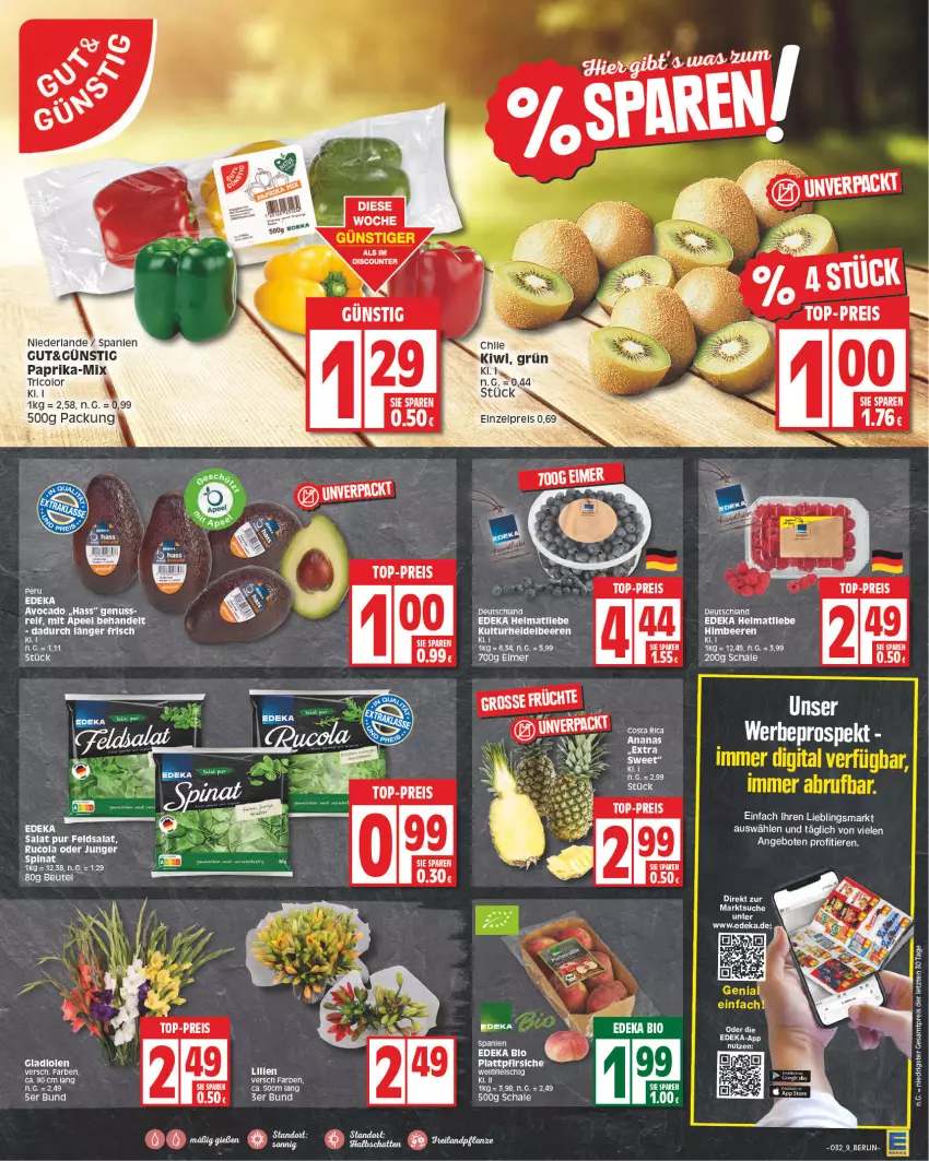 Aktueller Prospekt Edeka - Angebote der Woche - von 19.04 bis 24.04.2021 - strona 9 - produkty: ananas, angebot, angebote, avocado, beere, beeren, beutel, bio, cola, deka, discount, edeka bio, eis, feldsalat, fleisch, Gladiolen, himbeer, himbeere, himbeeren, paprika, reis, rucola, salat, Schal, Schale, spinat, Ti, Tiere, top-preis, ZTE