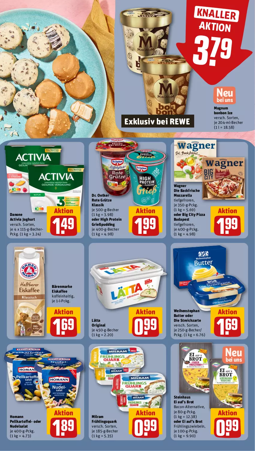 Aktueller Prospekt Rewe - Prospekte - von 22.07 bis 27.07.2024 - strona 10 - produkty: activia, activia joghurt, bacon, bärenmarke, Becher, brot, butter, danone, danone activia, Dr. Oetker, eis, eiskaffee, gin, Grießpudding, grütze, homann, joghur, joghurt, kaffee, kartoffel, lätta, magnum, milram, mozzarella, nudel, nudelsalat, pizza, pudding, quark, rel, Rote Grütze, salat, steinhaus, Streichzart, Ti, wagner, weihenstephan, zwiebel, zwiebeln