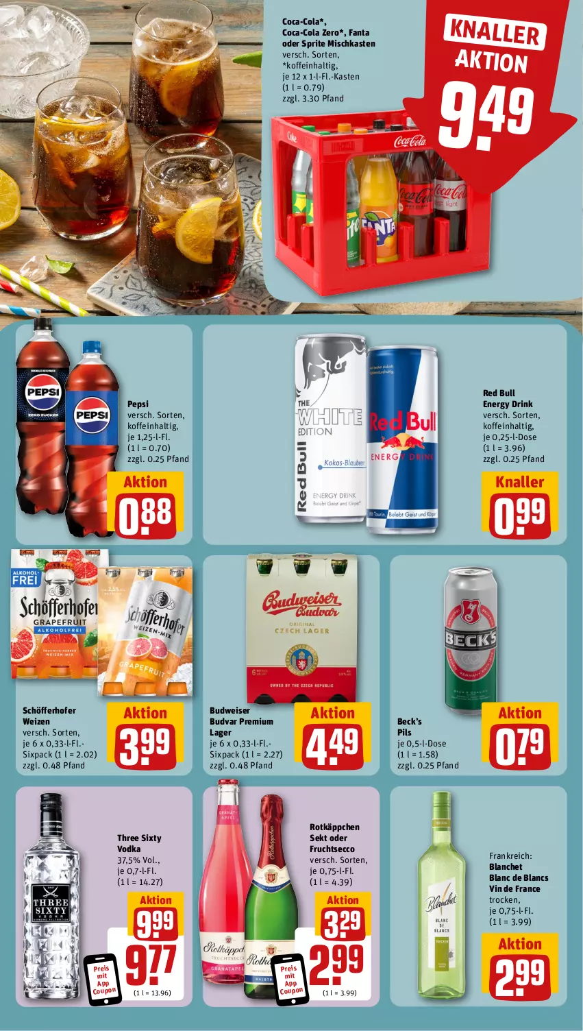 Aktueller Prospekt Rewe - Prospekte - von 22.07 bis 27.07.2024 - strona 11 - produkty: budweiser, coca-cola, cola, coupon, de blancs, drink, ecco, eis, energy drink, fanta, fanta oder, fanta oder sprite, frucht, fruchtsecco, oder sprite, pepsi, pils, red bull, reis, rotkäppchen, schöfferhofer, sekt, sprite, Three Sixty, Ti, vin de france, vodka