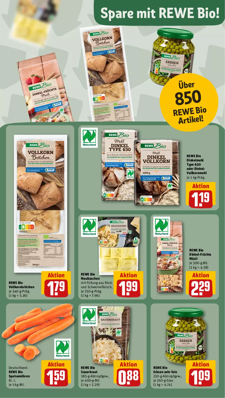 Aktueller Prospekt Rewe - Prospekte - von 22.07 bis 27.07.2024 - strona 13 - produkty: auer, bio, brötchen, dinkelmehl, Dinkelvollkornmehl, eis, erbsen, fleisch, früchte, Früchte Müsli, korn, Kraut, maultaschen, mehl, möhren, müsli, rewe bio, rind, Sauerkraut, schwein, schweine, schweinefleisch, speisemöhren, Tasche, taschen, Ti, wein, weine